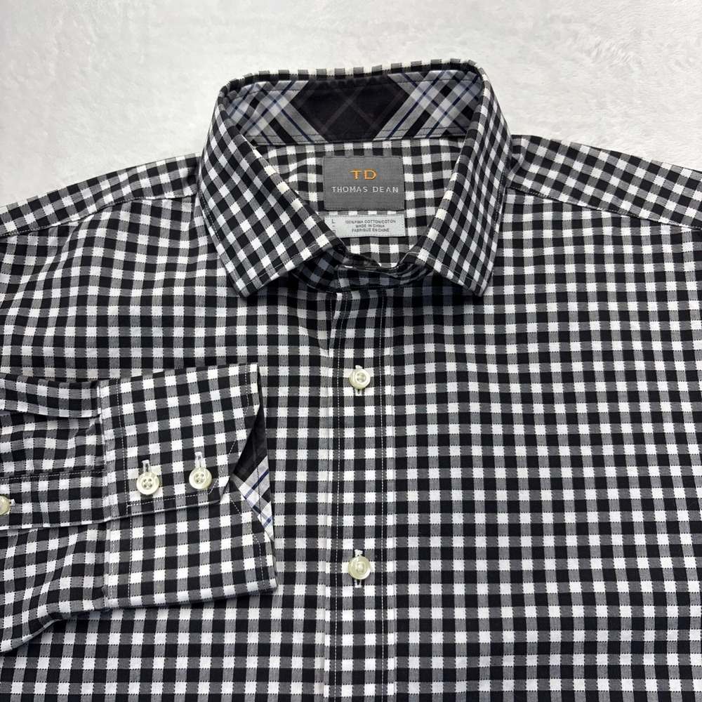 Thomas Dean Mens L Black White Gingham Pima Cotton Dress Shirt Contrast Trim